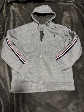 U.S. Polo Assn. Gray Hooded Zip Jacket with Red & Navy Stripe Trim - Mens